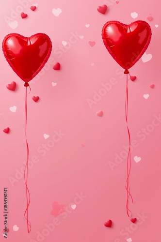 Balloons in Heart Shapes Float on a Pink Background With Small Hearts Scatter...