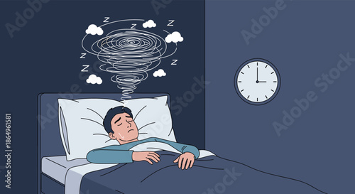 Illustration of a man suffering from insomnia, lying in bed at night with anxious thoughts swirling above his head, unable to sleep.