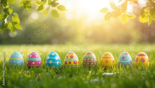 Colorful Eggs Arranged in a Line on Grass During Daylight in a Garden Setting