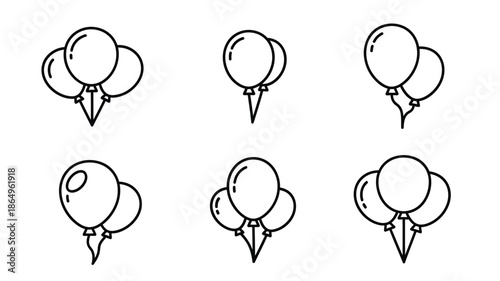 Simple black and white illustration of several clusters of balloons