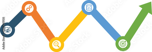 colorful zigzag line graph with circular node points showing data trend fluctuation and business analytics progression illustration design.