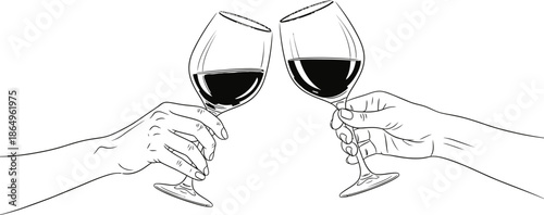 Two hands clinking wine glasses in a celebratory toast. This outline drawing depicts a joyous occasion, perfect for conveying celebration, friendship, and special events.