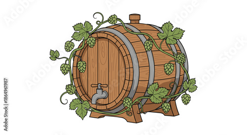 Vintage-style illustration of a wooden beer barrel with a tap, entwined with fresh green hop vines, perfect for brewery designs.