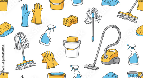 Seamless pattern with various hand-drawn cleaning supplies and tools, including a vacuum cleaner, mop, spray bottle, and gloves.