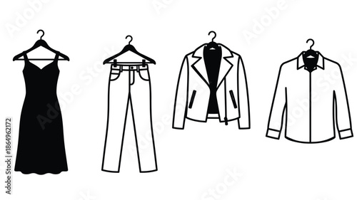 Black and white outline of various clothing items hanging on coat hangers