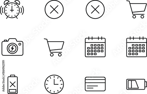 Black linear icon set featuring shopping carts calendar planners alarm clocks cameras battery levels and credit card payment symbols.