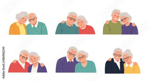 Set of six portraits of happy and loving elderly couples hugging and smiling, showcasing lifelong companionship and affection.