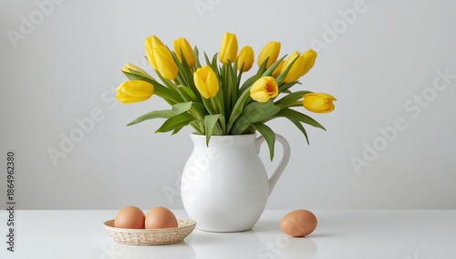 Yellow Tulips in a White Pitcher With Brown Eggs on a Table Setting During Sp...