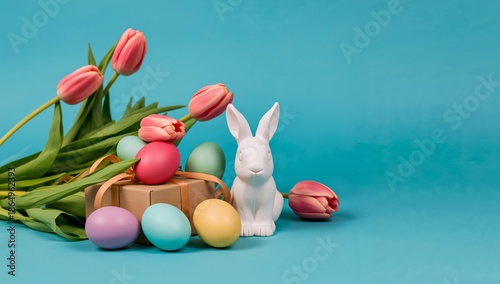 Colorful Easter Eggs and Flowers With a White Bunny on a Blue Background