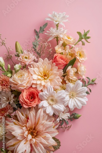 Bright Flowers Arranged on a Soft Pink Background in Spring Setting