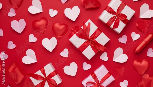 Gifts Arranged on a Red Background With Heart Decorations for a Celebration E...