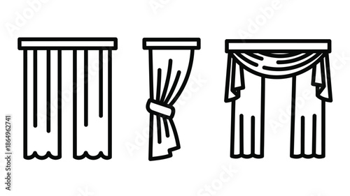 Line art illustrations of three different styles of window curtains