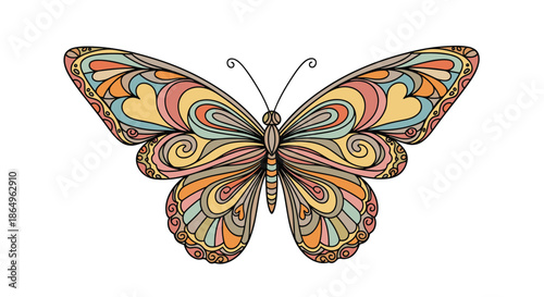 Beautifully detailed butterfly illustration with intricate patterns and swirls in a soft, vintage color palette of pastel tones.