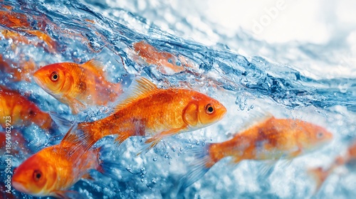 A group of orange fish swimming in the ocean. The water is blue and the fish are in a wave