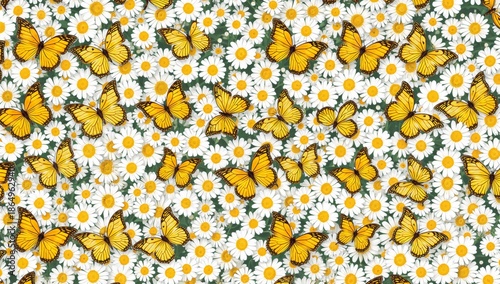 Butterflies and Daisies in a Sunny Garden Setting With Bright Colors and Live...