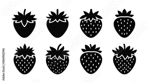 A collection of black and white strawberry silhouettes in varying shapes