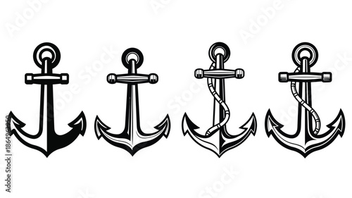 Four vintage nautical anchors in black and white a marine themed illustration