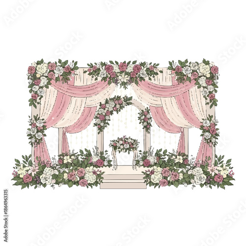 Illustration of a floral wedding arch with pink curtains and white flowers on a white background.