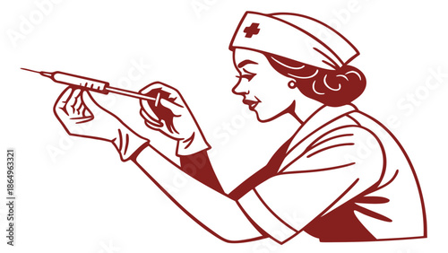 Nurse Holding Syringe Line Art Illustration in Medical Silhouette Style