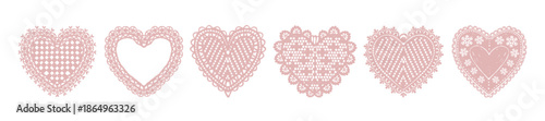 Elegant lace hearts, hand drawn romantic delicate frame set, retro doodle Valentine day design print. Wedding invitation greeting background, holiday soft napkin shapes. Lace hearts February border