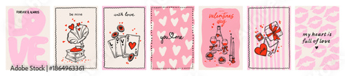 Love poster collection Valentine day hand drawn doodle greeting cards, romantic holiday banner print. Cute modern February party invitation graphic, lips kiss, heart shape. Pink love poster collection