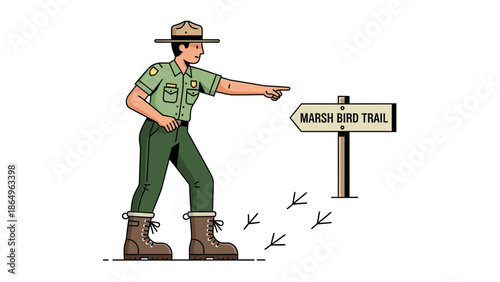 Ranger Directs Visitors To The Marsh Bird Trail In Natural Landscape Illustration