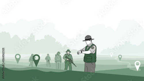 Ranger Overseeing Patrolling Team with Map Markers on A Mountain Landscape