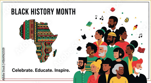 Black history month event concept with map of africa and diverse group celebrating educate inspire message