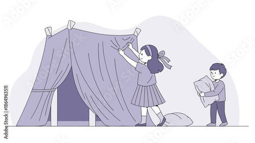Playful Siblings Constructing A Cozy Indoor Tent Together For Childhood Fun