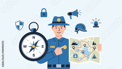 Ranger Planning Rescue Operation Using Map And Compass In Mountain Area Illustration