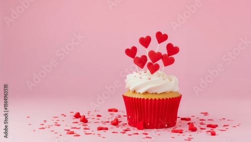 Cupcake With Heart Decorations on Pink Background for Celebration
