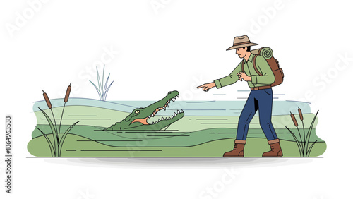 Pointing Out Alligator Danger During Swamp Walk Adventure Illustration