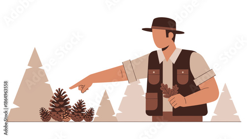 Ranger Points At Pinecones In Calm Forest With Autumn Atmosphere Illustration