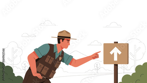 Ranger Pointing Towards An Upward Direction On A Sign In A National Park