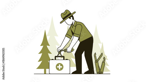 Ranger Preparing First Aid Kit In Forest During Emergency Situation Cartoon