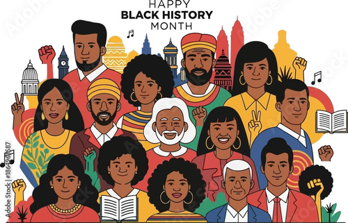 Happy black history month gathering celebrating african american history culture achievements in cityscape background
