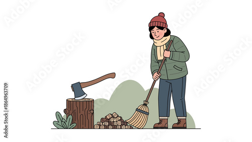 Preparation For Winter With A Woman Sweeping Wood And An Axe On A Trunk