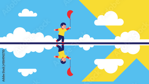 Reaching New Heights Boy Walking On A Line Over Reflective Sky