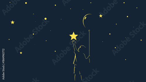 Reaching Stars Illustration Of A Child Under Night Sky Graphic