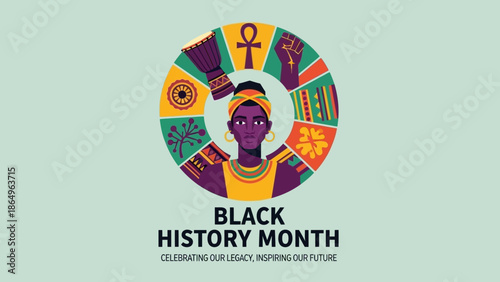 Black history month emblem featuring woman in traditional headwrap surrounded by circular frame of cultural icons including djembe ankh and fist on soft green background design