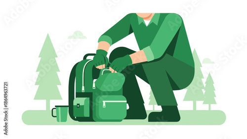 Preparations In Nature Man Packing Backpack For Outdoor Adventure Trip