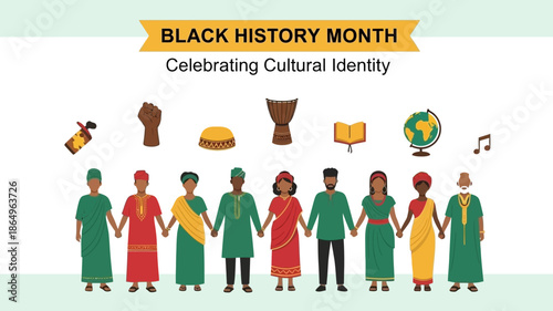 People in traditional african clothing holding hands celebrating cultural identity for black history month with icons like globe book drum and fist on transparent grid background