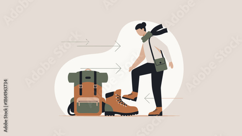 Ready For Outdoor Adventures With Backpack And Hiking Boots Travel Illustration