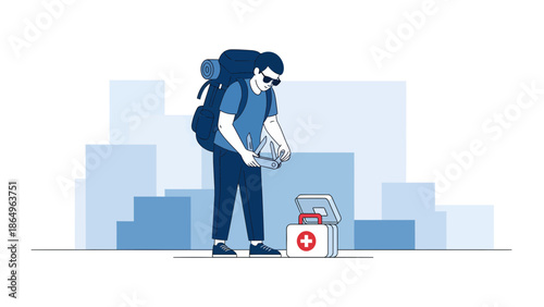 Prepared Traveler Examining A Multi Tool While Next To His First Aid Kit