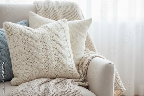 A white blanket and a white pillow are on a couch. The couch is in a room with a window