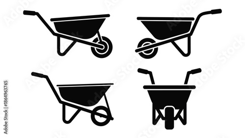 Black and white illustrations of wheelbarrows in various perspectives shown