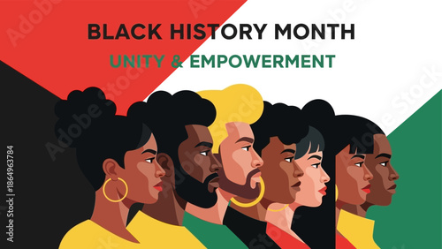 Black history month banner with diverse group of african american men and women standing together in solidarity and unity celebrating heritage and culture