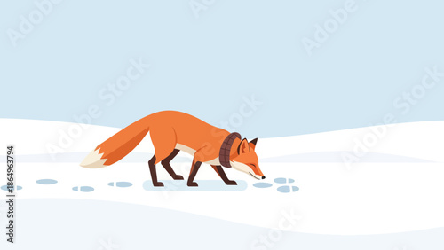 Red Fox Tracking Prey In Snowy Winter Landscape Illustration With Snow Trails