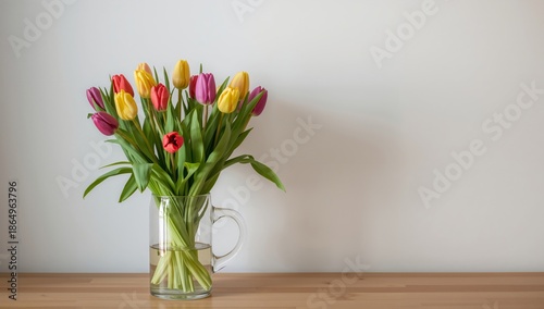 Bright Tulips in a Clear Vase on a White Background