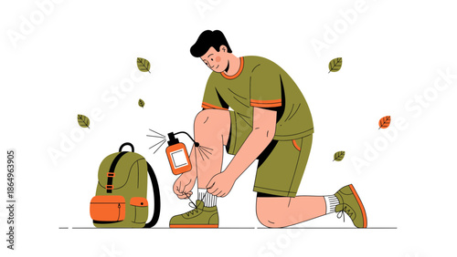 Preparing For Adventure Man Applying Insect Repellent With Backpack Outdoors